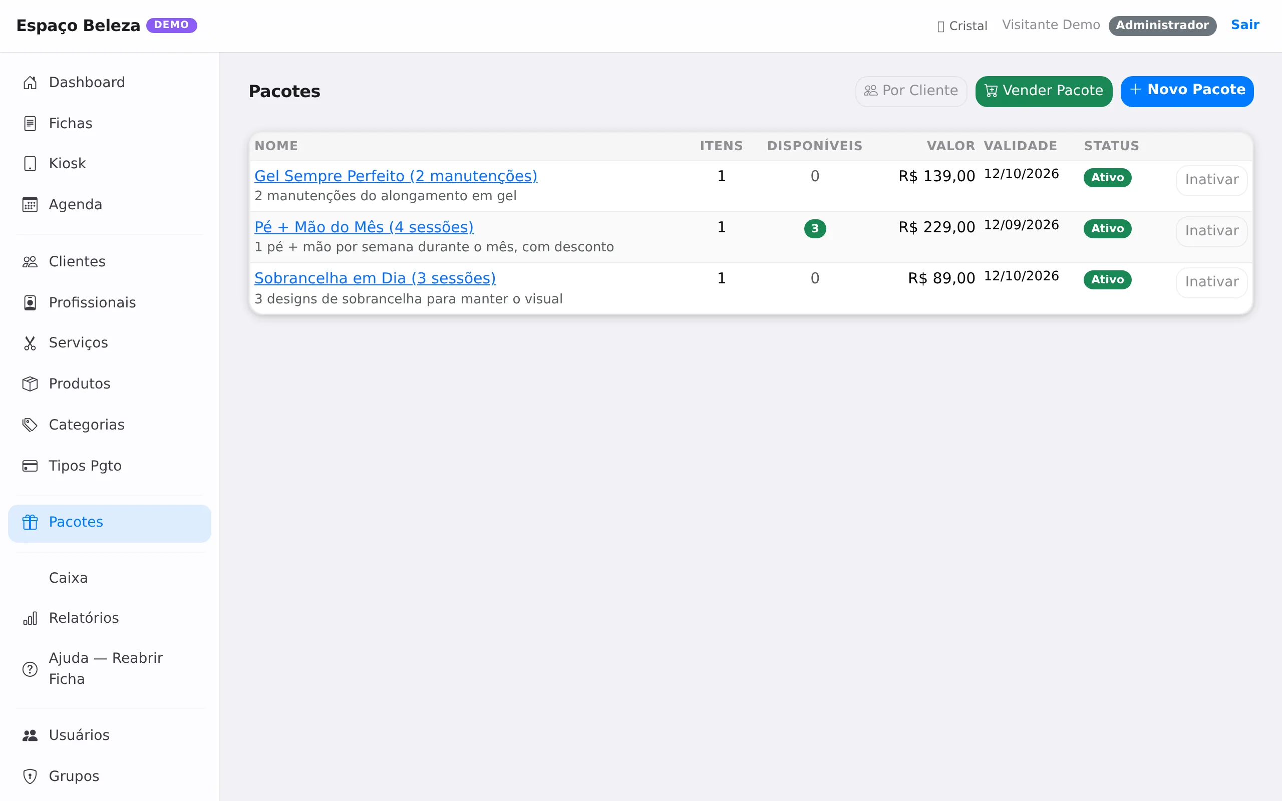 Pacotes de sessões com controle automático de saldo por cliente