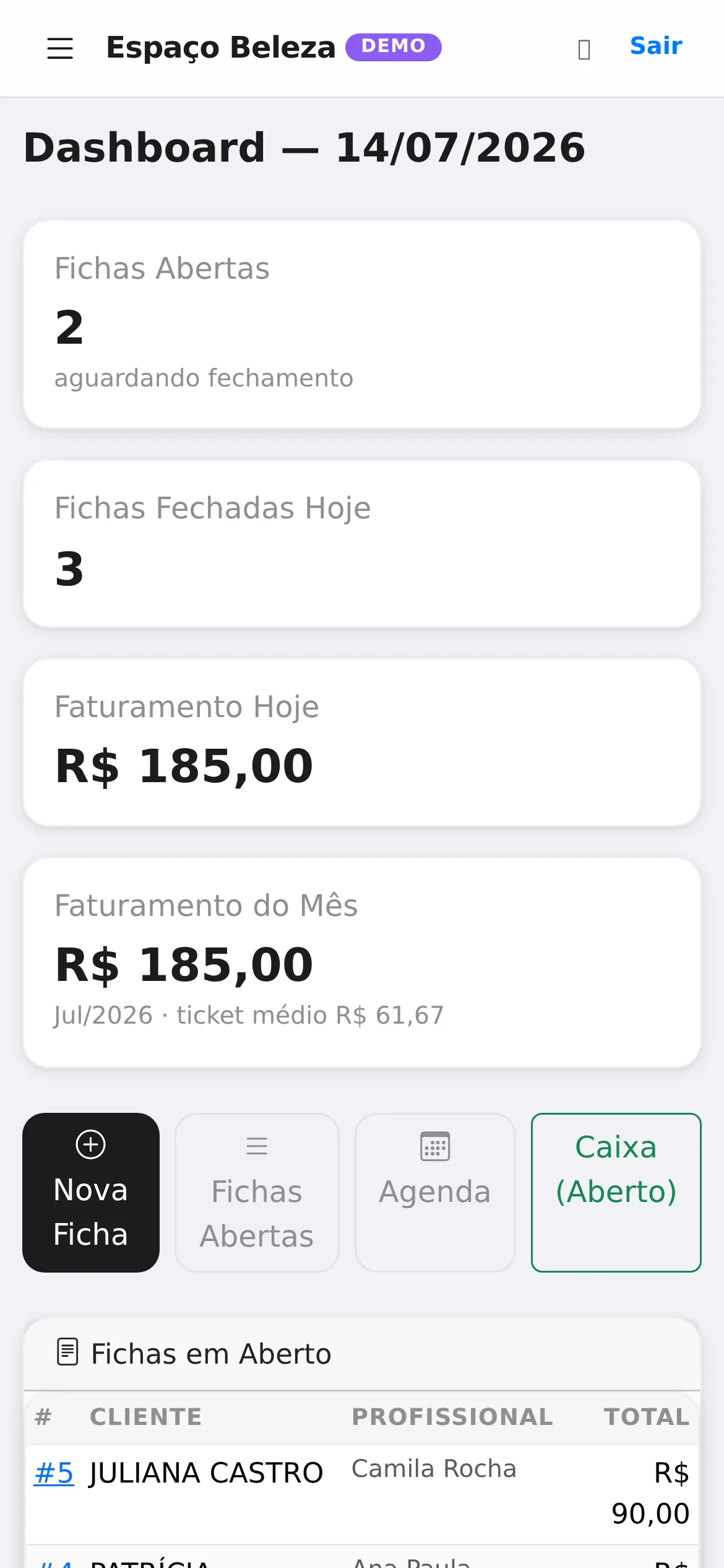 Dashboard do sistema para manicure no celular: faturamento do dia e atendimentos